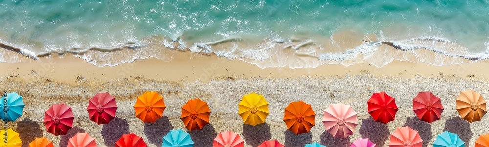 Wall mural Looking striaght down from the sky, you can see a beautiful white beach with two rows of colorful parasols