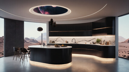 interior design, a modern futuristic kitchen on the moon, moon crater, moon rocks, surreal design, modern, architecture concept, creative building - obrazy, fototapety, plakaty