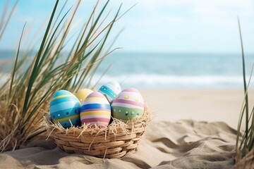 Decorated painted easter eggs in wicker basket at the sand sea beach among grass. Copy space	