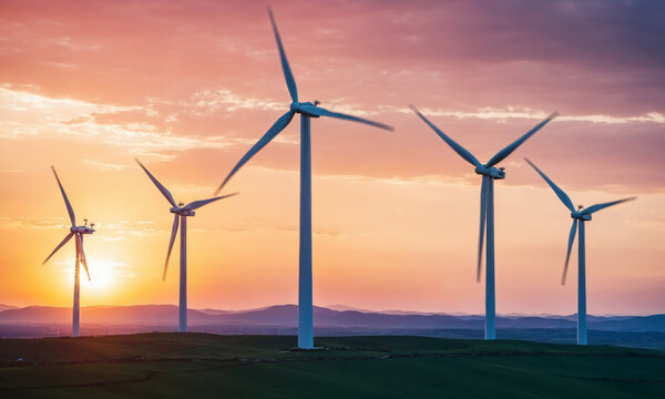 Wind turbines on the hills at sunset. Windmills for electric power production.