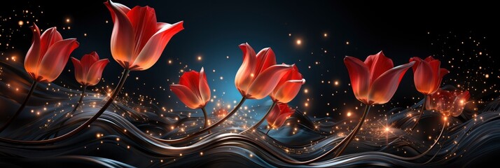 Fresh Spring Red Tulips Flowers, with lights, light black and yellow, Background HD, Illustrations