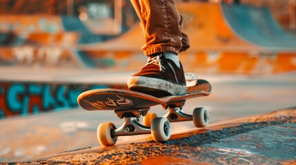 Close-Up Skateboarder Performing Tricks at Sunset in Urban Skatepark with Vibrant Graffiti...