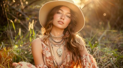 Portrait of a Bohemian Style Woman Wearing a Hat in a Sunlit Natural Setting