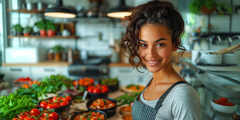 Obraz premium Health-conscious young beauty in a stylish, white kitchen, making a nutritious meal with grace