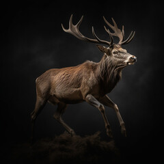 Photograph of a beautiful, perfect, big stag. The surrounding landscape is of a studio with a dark background сreated with Generative Ai