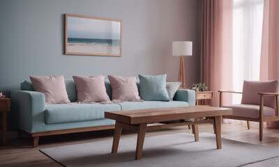 Interior of living room with sofa and armchair. 3d render