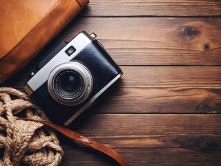 Closeup top view vintage camera and map travel kit concept, lifestyle and adventure background with copy space area