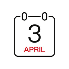 April 3 date on the calendar, vector line stroke icon for user interface. Calendar with date, vector illustration.