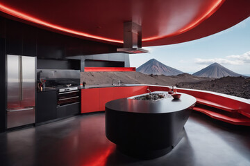 interior design, a modern red and black spacious, futuristic kitchen in a volcano crate, volcano, volcano rocks, surreal design, modern, architecture concept, creative building