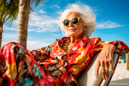 Beautiful, rich elderly woman in sunglasses and dress relaxing on the beach, portrait, bottom view