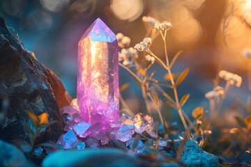 Magic still life with Gemstones fluorite crystal on nature background. Rocks for mystic ritual, witchcraft Wiccan or spiritual healing on stump in forest. AI Generative. Meditation reiki - obrazy, fototapety, plakaty