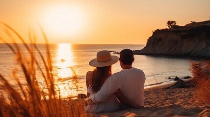 young beautiful couple, girl and guy relaxing on the beach, in the background the sea