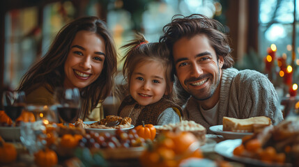 Family celebrating traditional Thanksgiving day - obrazy, fototapety, plakaty