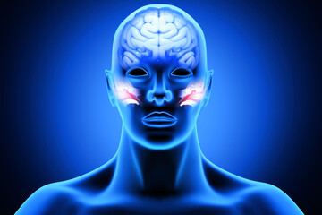 The anatomical structure of the human ear, sound wave and ear with middle ear, otitis, auditory canal, ear pain, auditory canal and cochlea nerve. 3d illustration
