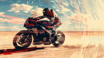 Desert motorcycle racing, double exposure, photography, graphics.