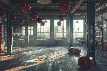 Empty boxing club gym for boxers training concept for athletes. Generative Ai - obrazy, fototapety, plakaty