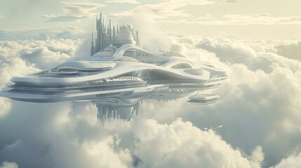 A fantasy futuristic city floating among white clouds