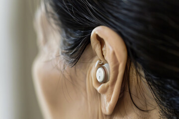 Hearing aid in the ear of an elderly woman close up - obrazy, fototapety, plakaty