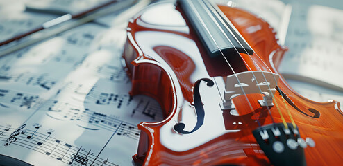 Closeup of a violin over music sheets. Classical music concept.