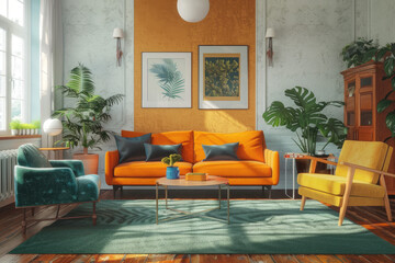 an elegant living room with vintage orange sofa and blue yellow armchairs as well as a comfortable couch in a bright apartment with retro decor, many plants