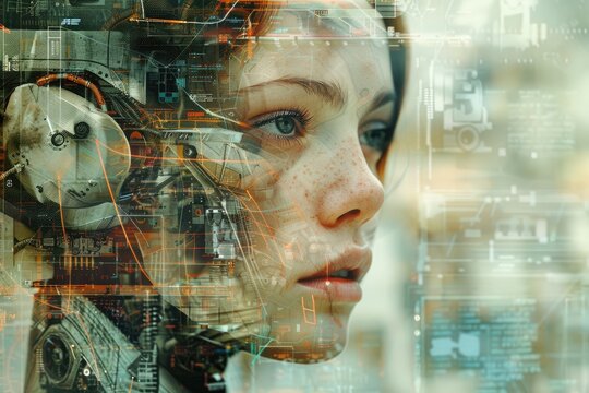 Composite image of a robot girl with artificial intelligence. Generative  Ai