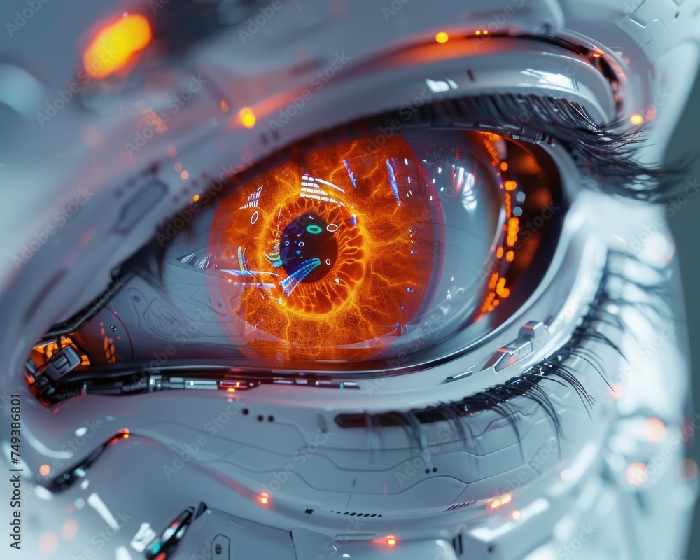 Poster revealing the future. macro shot of a robotic eye unveiling detailed engineering exploring technolog