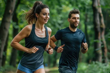 Deurstickers a couple during running workout in the park, healthy fitness people jogging outdoors © Kien
