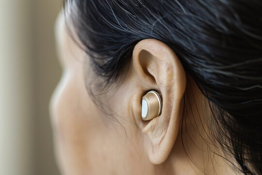 Hearing aid in the ear of an elderly woman close up