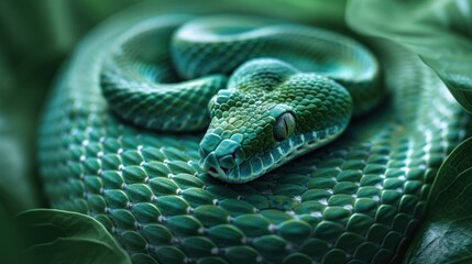 Fototapeta premium Abstract Jungle. Minimalist Wildlife Capture of a Green Snake in Natural Habitat Reptiles Form Amongst Emerald Foliage