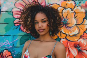 woman portrait posing in front of a floral colorful graffiti wall