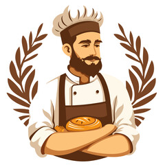 Bearded brutal baker in cap and apron. Craft bakery logo - 749387691