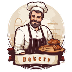 Bearded brutal baker in cap and apron. Craft bakery logo - 749387693