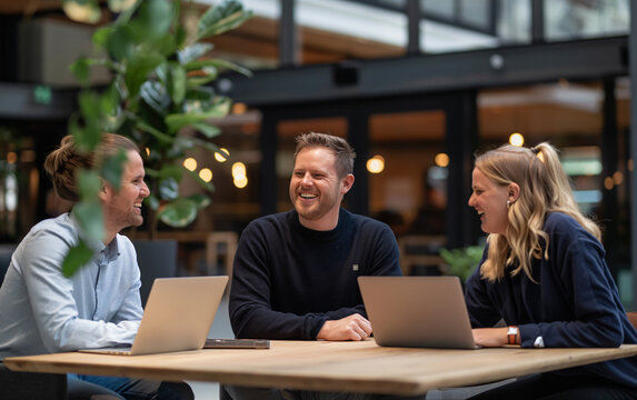 a group of smiling work colleagues in a professional workspace, meeting for brainstorming, project management.