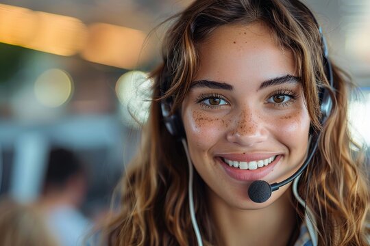 A happy call center girl holding a microphone in front. Generative Ai