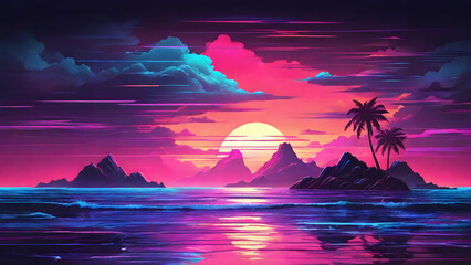 Calm atmosphere on the beach at sunset. Synthwave retrowave wallpaper style with a cool and vibrant neon. - obrazy, fototapety, plakaty