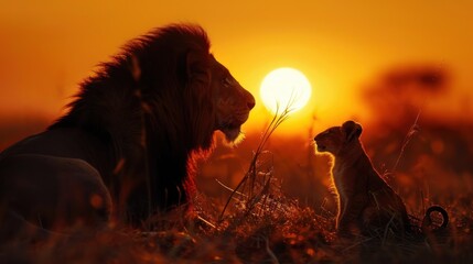 Lion and baby Dramatic in Wilderness Golden Glow of Sunset Illuminates the Majestic Silhouette of the King of Beasts
