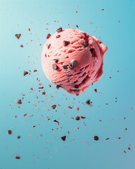 A delicious strawberry ice cream scoop levitating with  chocolate chips and flakes falling around on a sky blue background. Summer food concept.
