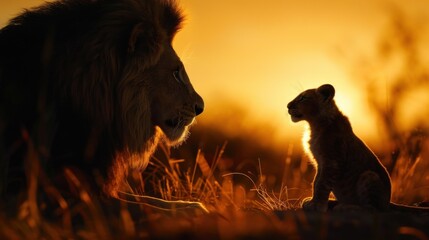 Lion and baby Dramatic in Wilderness Golden Glow of Sunset Illuminates the Majestic Silhouette of...