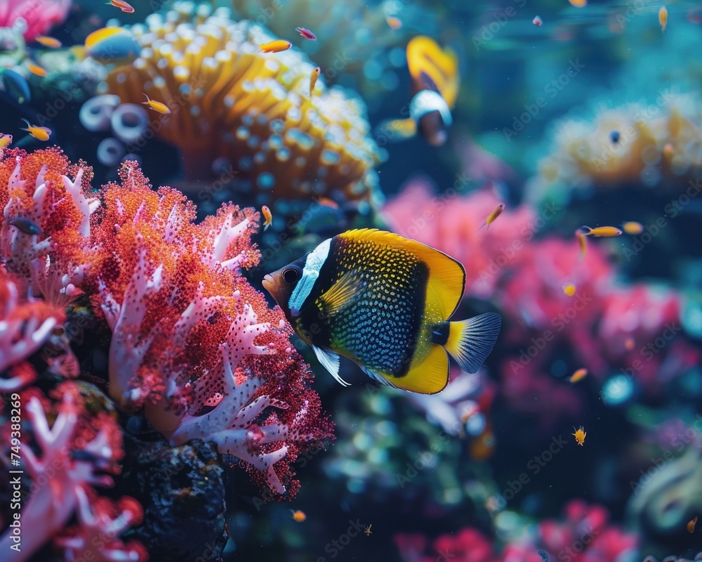 Wall mural underwater fish in a colorful aquarium, exotic marine life photography