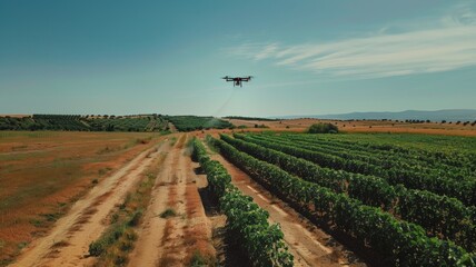 Fototapeta na wymiar Drones spray crops in agricultural areas.