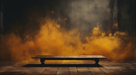 a wooden table on a brick floor with smoke in the background