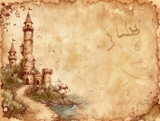 Vintage Tower. Retro Exploration Map of a Medieval Castle Tower Overlooking the Coast - obrazy, fototapety, plakaty