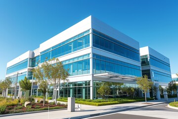 Obraz premium View of a modern office block with panoramic glazing against a blue sky. Adjacent territory with decorative landscaping. Contemporary architecture of commercial buildings.