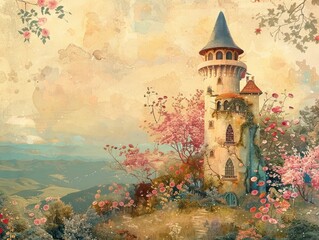 Vintage Tower. Retro Exploration Map of a Medieval Castle Tower Overlooking the Coast - obrazy, fototapety, plakaty