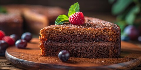 A luxurious chocolate slice of cake topped with fresh raspberries is an irresistible dessert...