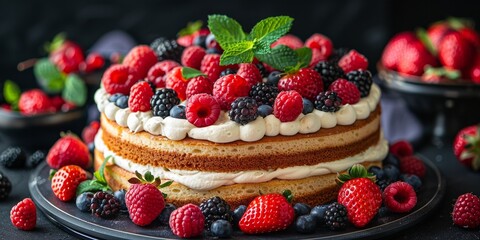 A delicious cake with fresh berries, a creamy layer and sweet frosting, perfect for any occasion.