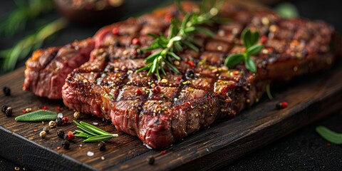 Delicious steak cooked to perfection, garnished with rosemary and pepper and served on a wooden board.