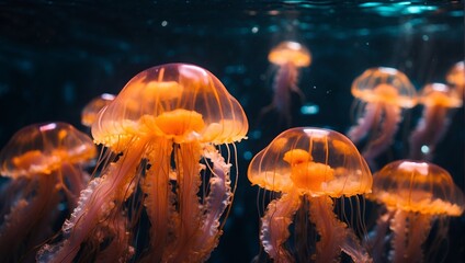 Graceful Orange jellyfish illuminated by sunlight under the sea