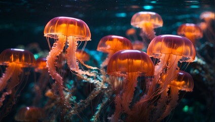 Floating group of orange jellyfish in deep underwater 