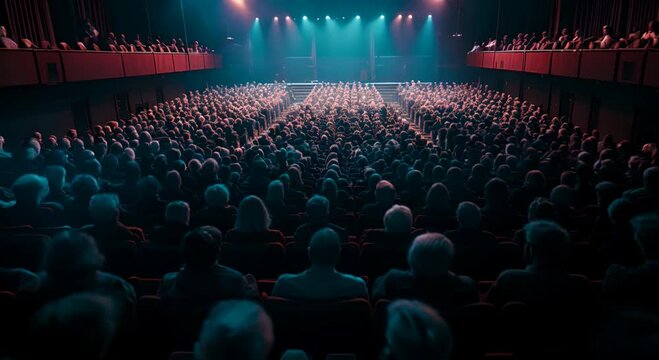 Crowd of people men and women attending conference in big hall